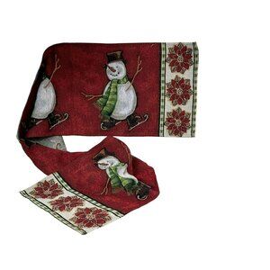 Christmas Holiday Tapestry Table Runner Skating Snowmen & Poinsettias 70" x 13"